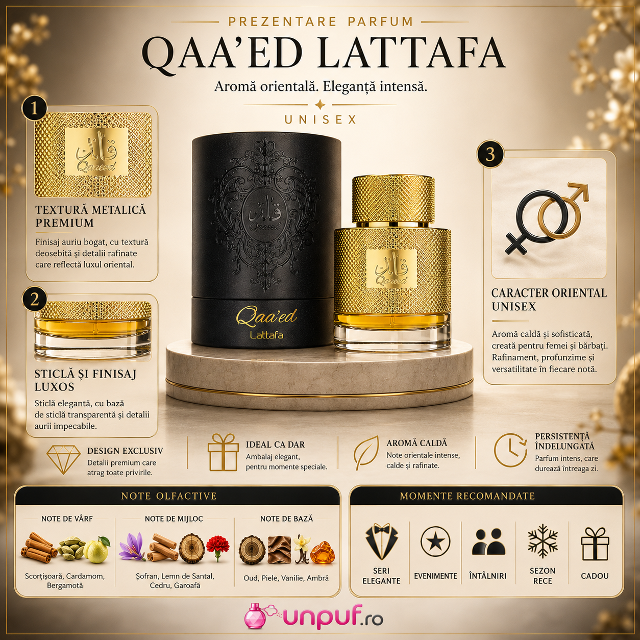 Parfum Qaa&rsquo;ed Lattafa 100 ml Eau de Parfum unisex cu flacon auriu, cutie neagră și design premium